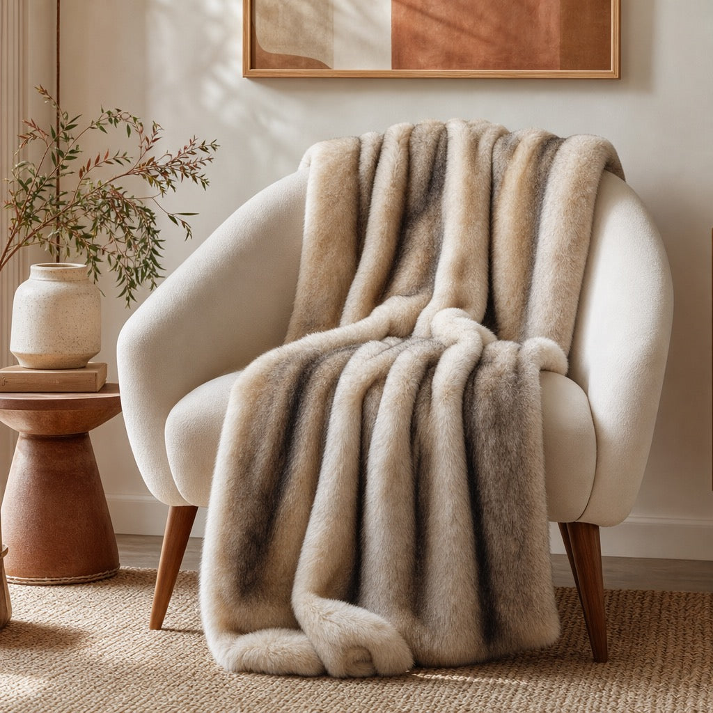 NEW West Elm Boho Brown Faux Fur Thick Mink Throw Blanket Bedding - 60" x 50"