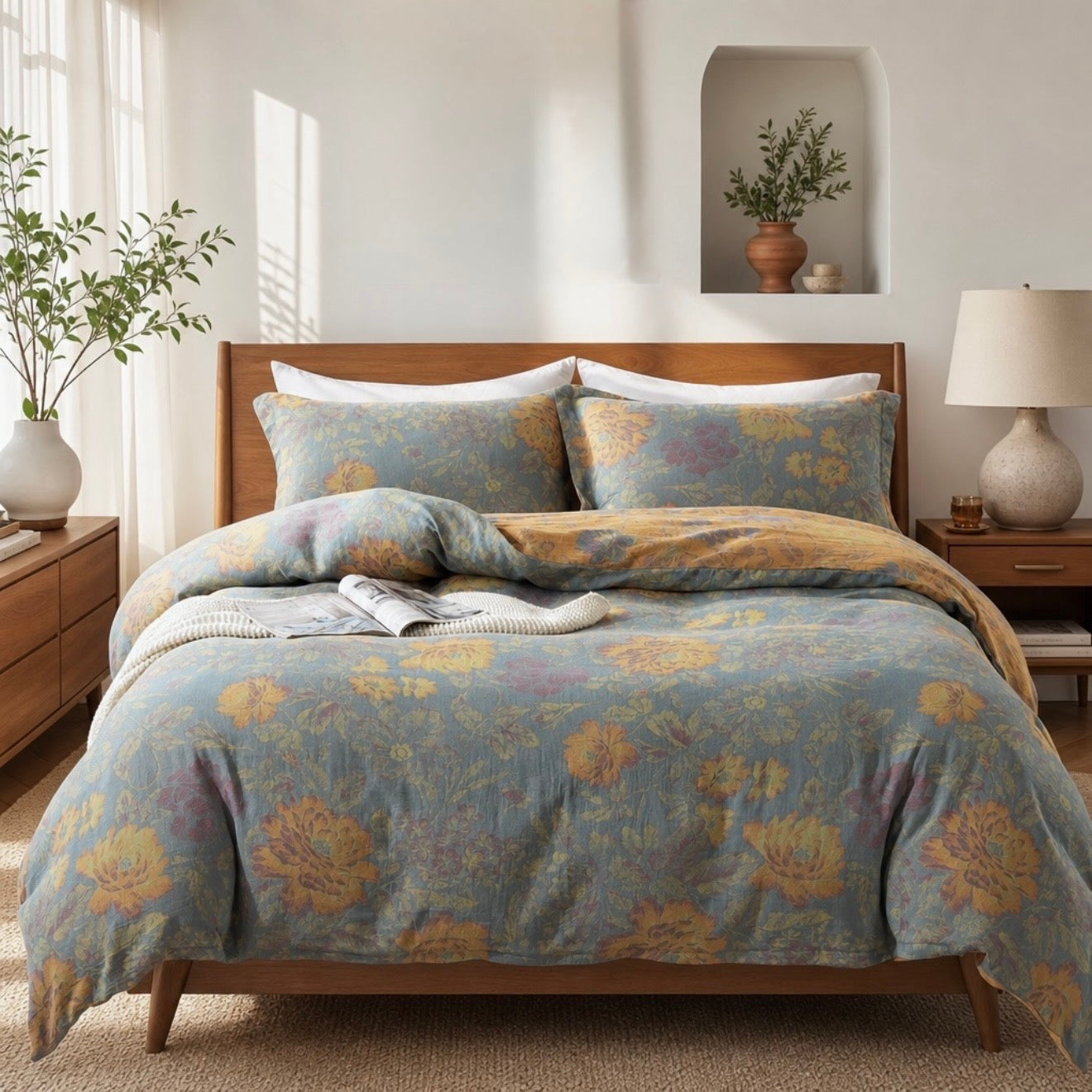 NEW Anthropologie Blue Orange Floral Cotton Queen / King Bedding Duvet Sham Set