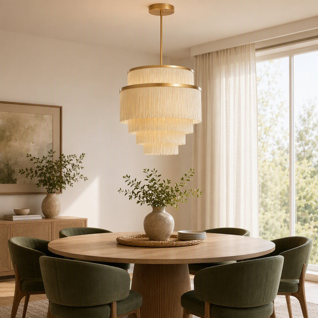 NEW Anthropologie Chandelier Mid-Century Boho Fringe Gold Ceiling Light Fixture