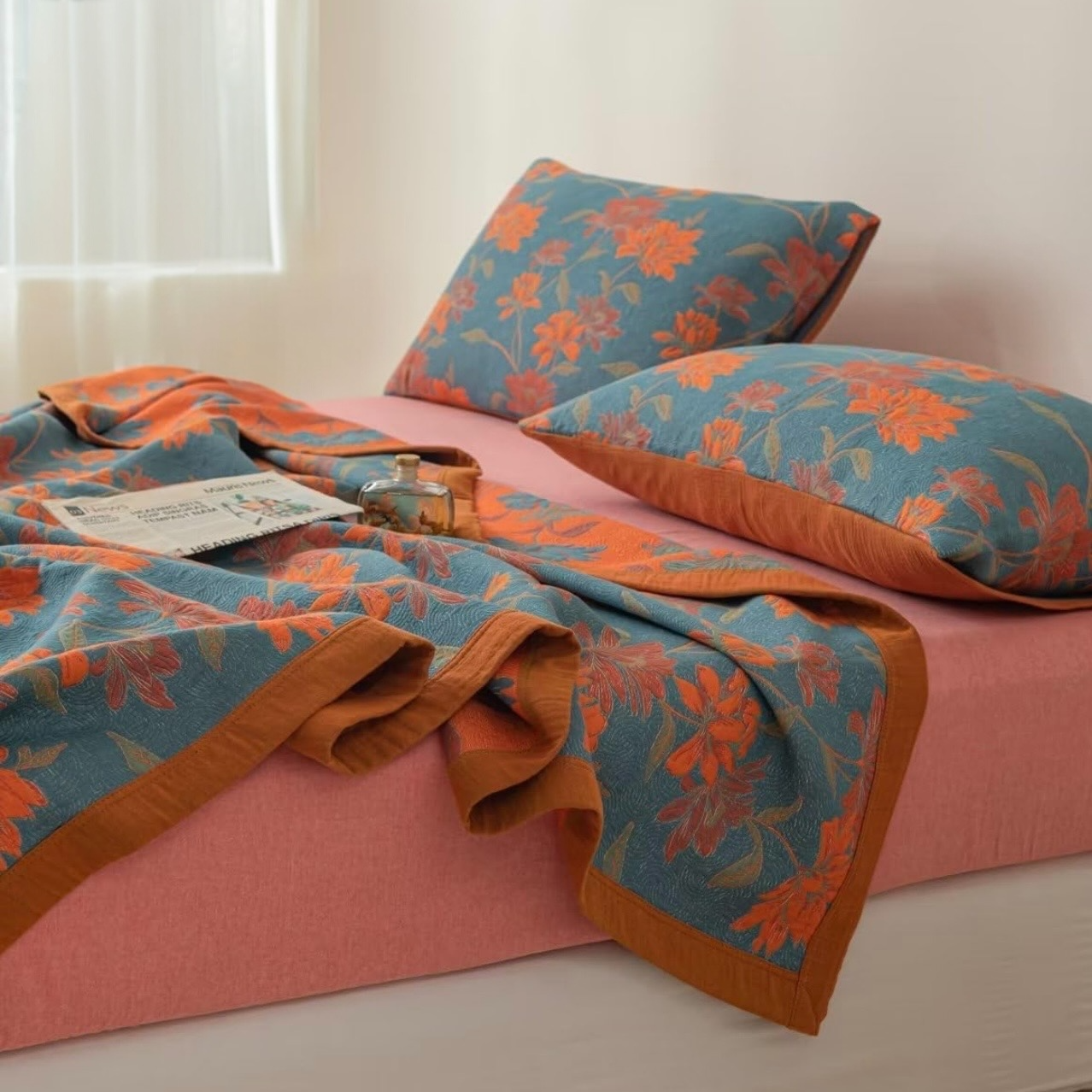 NEW Anthropologie Blue Orange Reversible King Size Bedspread Blanket Sham Set