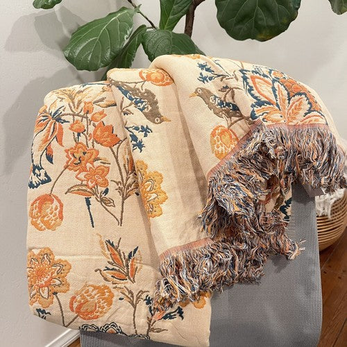 NEW Anthropologie Boho Floral Orange Teal Queen / King Blanket Bedspread