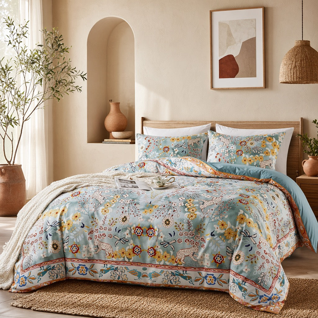 NEW Anthro Blue Jungle Multicolor Boho Queen / King Bedding Duvet & Sham Case