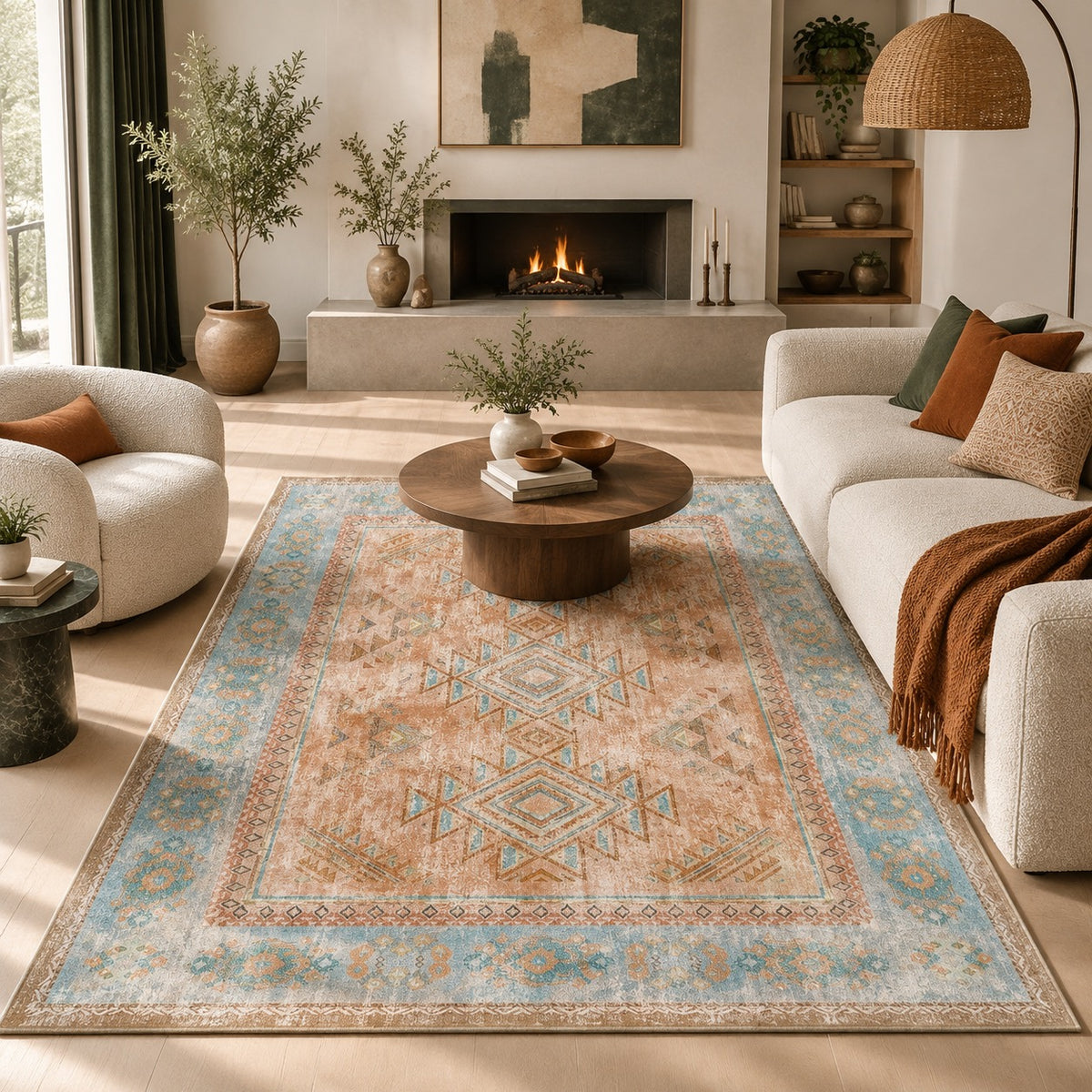 NEW Anthropologie Blue & Orange Moroccan Boho Washable Area Rug Carpet 8' x 10'
