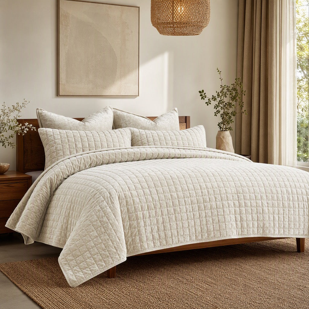 NEW West Elm Beige Velvet Ultra Soft Quilted Bedding Quilt Set - Multiple Sizes