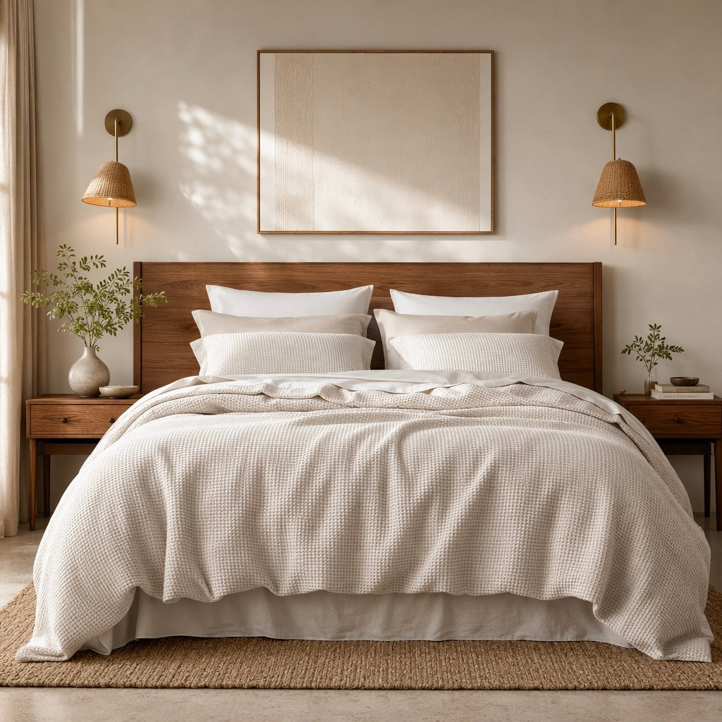NEW West Elm Beige Waffle Weave Queen King 100% Cotton Bedding Duvet & Sham Set