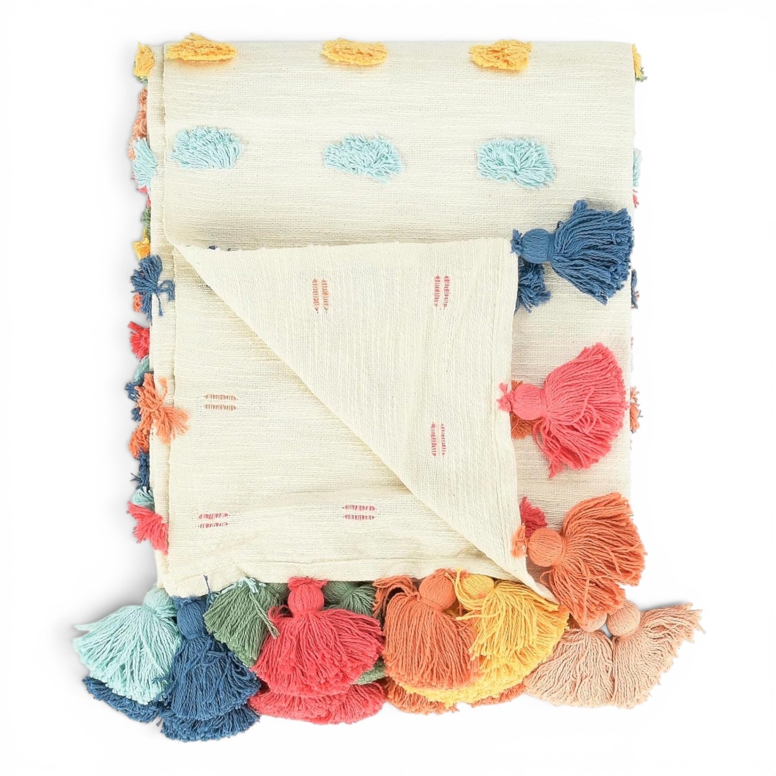 New Anthropologie Boho Tassel Pom Pom Colorful Throw Blanket Bedding - 50" x 60"