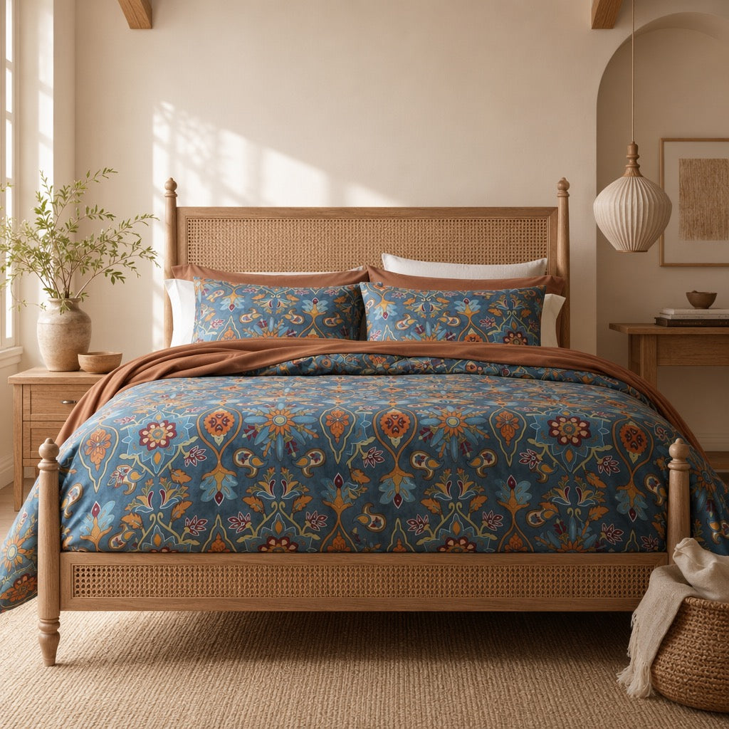 NEW Anthropologie Blue Damask Queen King Egyptian Cotton Bedding Duvet Sham Set