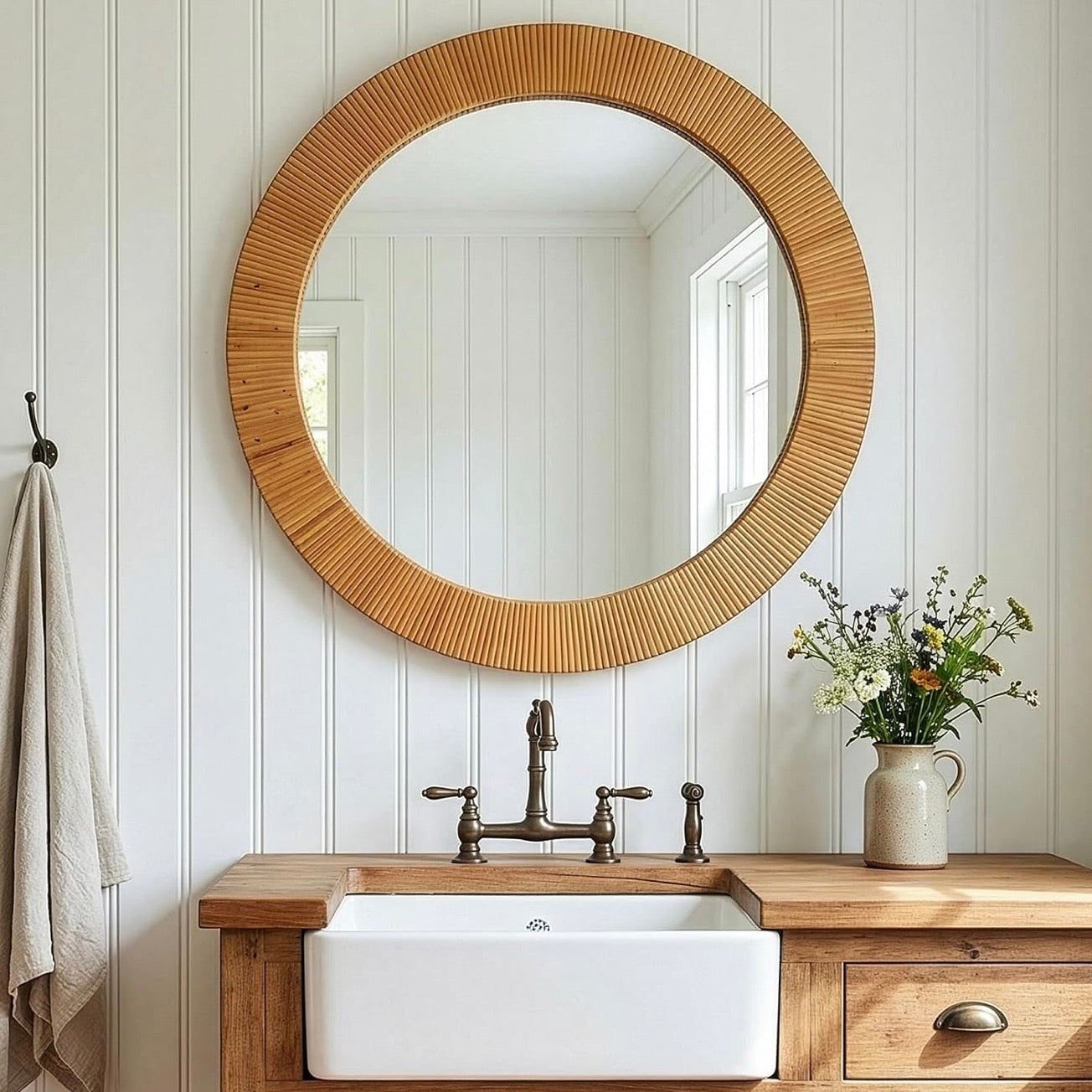 NEW West Elm Large Round Mirror Wicker Wood Boho Wall Hanging Decor - 24” Diam