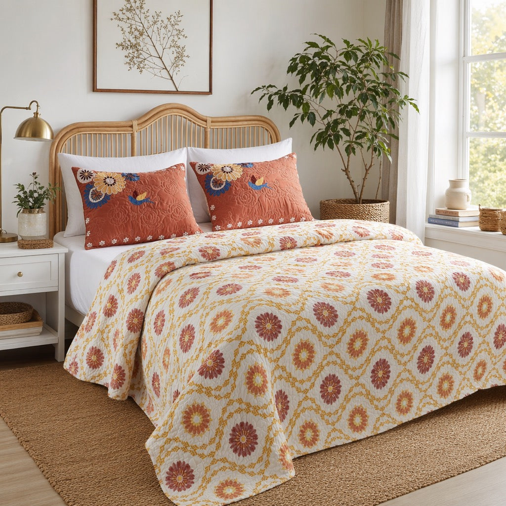 NEW Anthropologie Red Queen Floral Boho Reversible Quilt Bedspread Blanket Sham Set