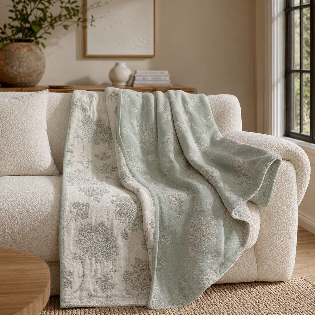 NEW Anthro Boho Floral Muslin Green Reversible Throw Blanket - 90" x 80"
