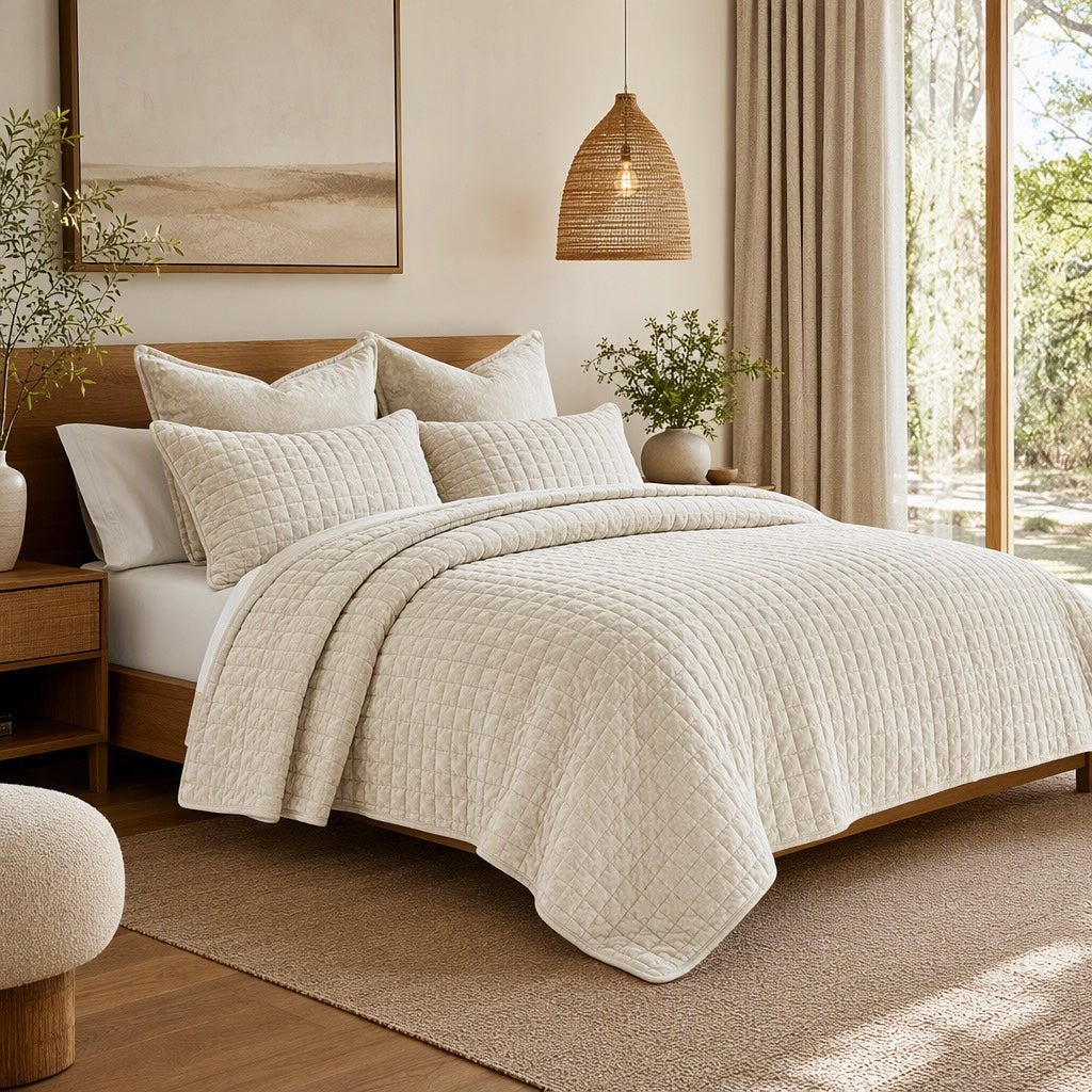 NEW West Elm Beige Velvet Ultra Soft Quilted Bedding Quilt Set - Multiple Sizes