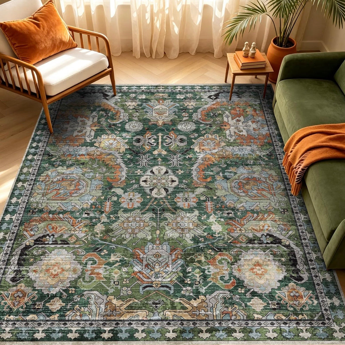 NEW Anthropologie Green Vintage Floral Boho Washable Area Rug Carpet - 5' x 7'