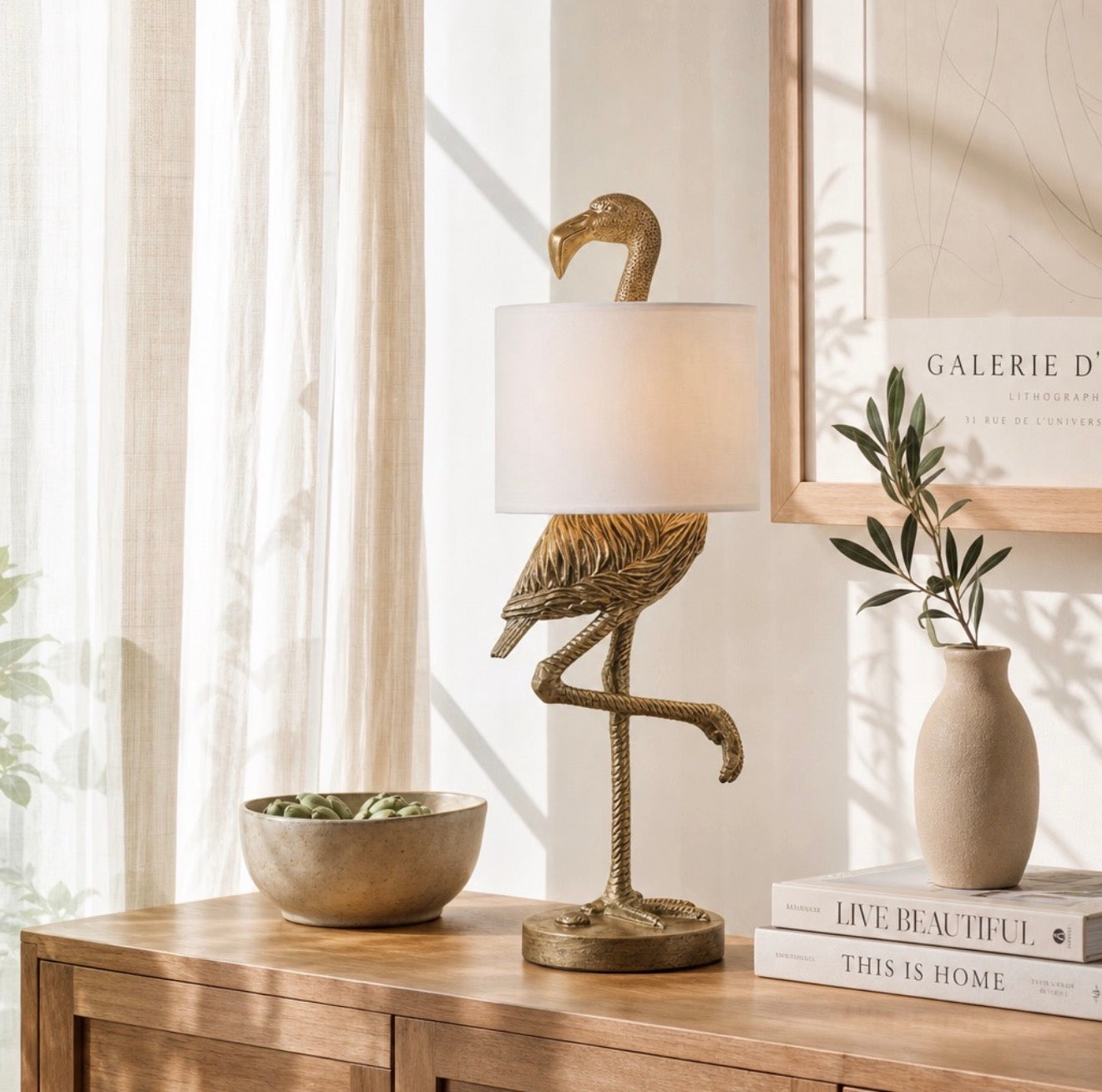 NEW Anthropologie Large Gold Boho Flamingo Table Lamp Lighting Art Deco Set 32"