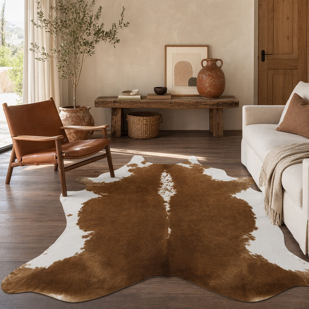 NEW West Elm XL Faux Cowhide Fur Leather White Area Rug Boho Floor - 6’ x 5’