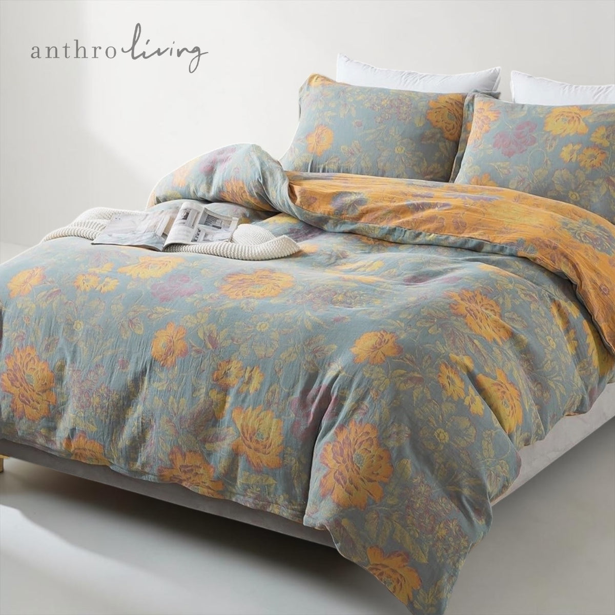 NEW Anthropologie Blue Orange Floral Cotton Queen / King Bedding Duvet Sham Set