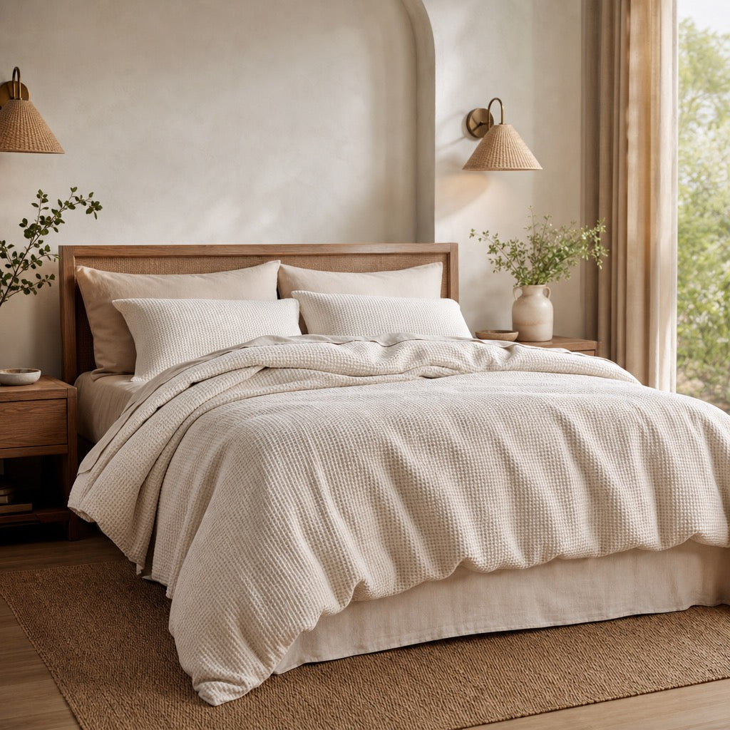 NEW West Elm Beige Waffle Weave Queen King 100% Cotton Bedding Duvet & Sham Set