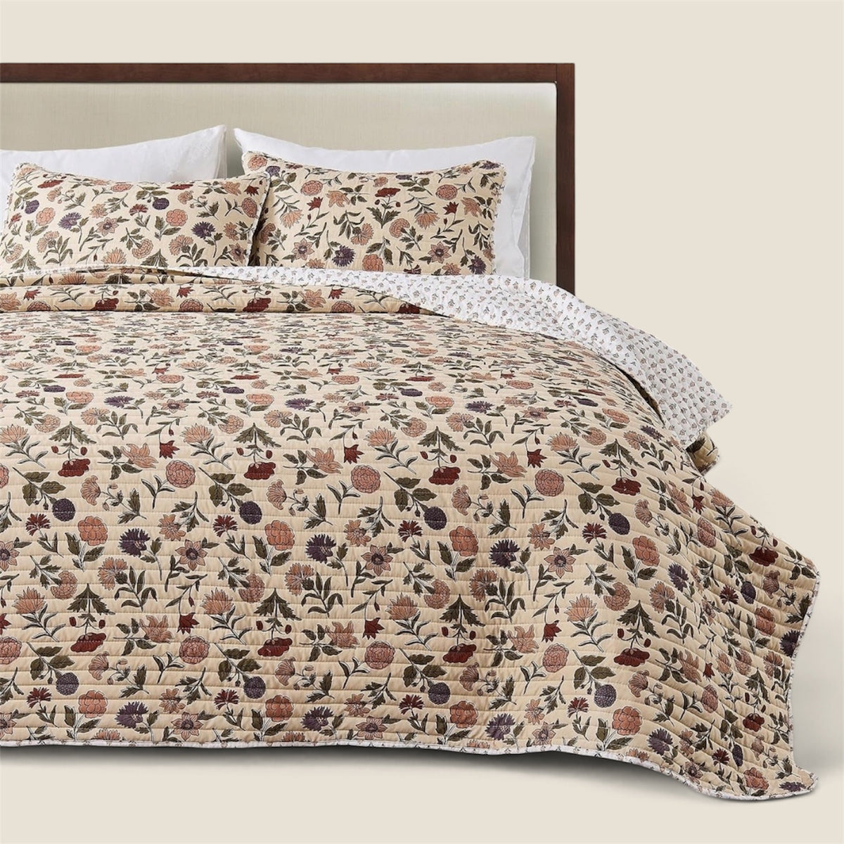 NEW Anthropologie Beige Boho Floral Reversible Quilt Bedspread Bedding Sham Set