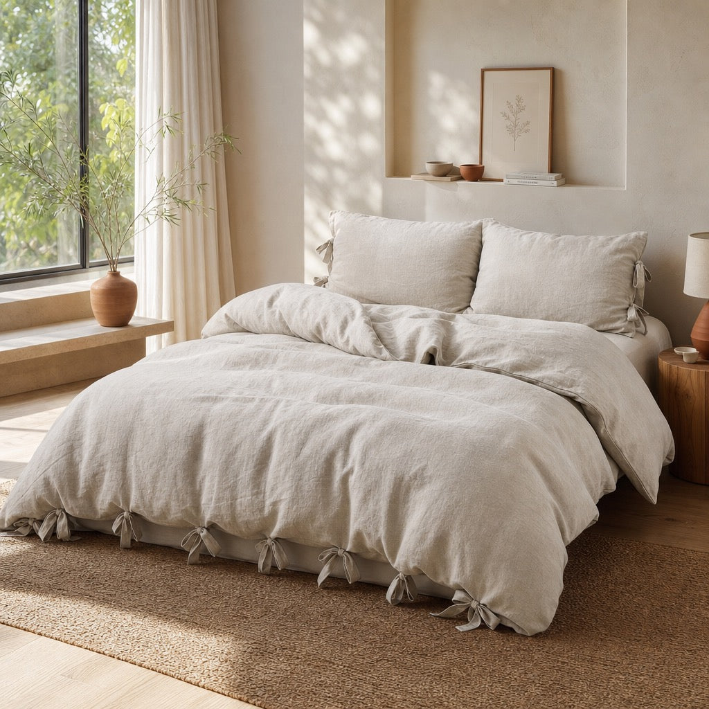 NEW West Elm Boho Beige Khaki Bow Queen Size Soft Washed Bedding Duvet & Sham Set