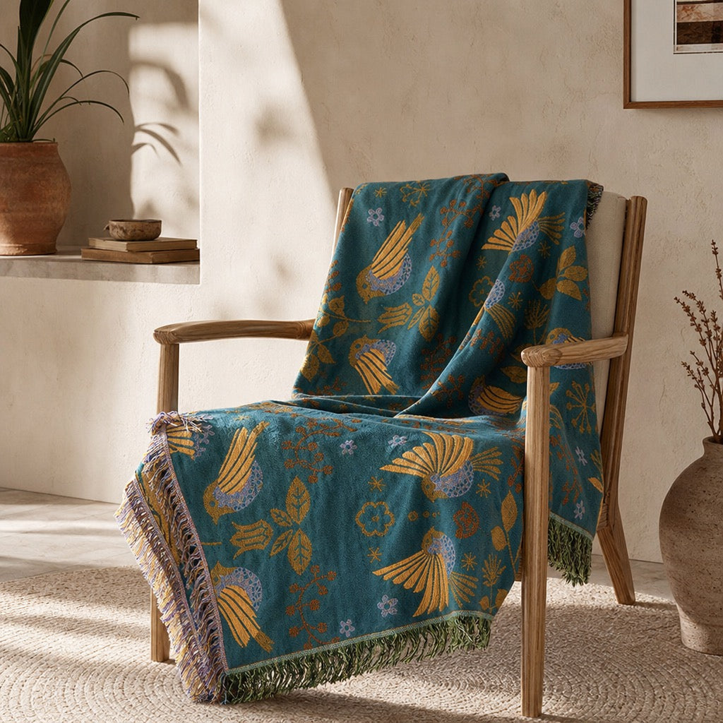 NEW Anthropologie Teal Reversible Boho Bird Blanket Bedspread Quilt 80" x 60"