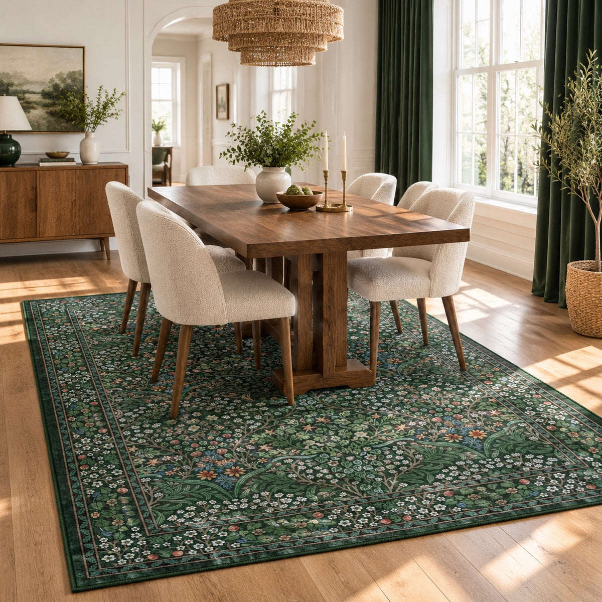 NEW Anthropologie Green Floral Boho Washable Multicolor Area Rug Carpet 5' x 7'