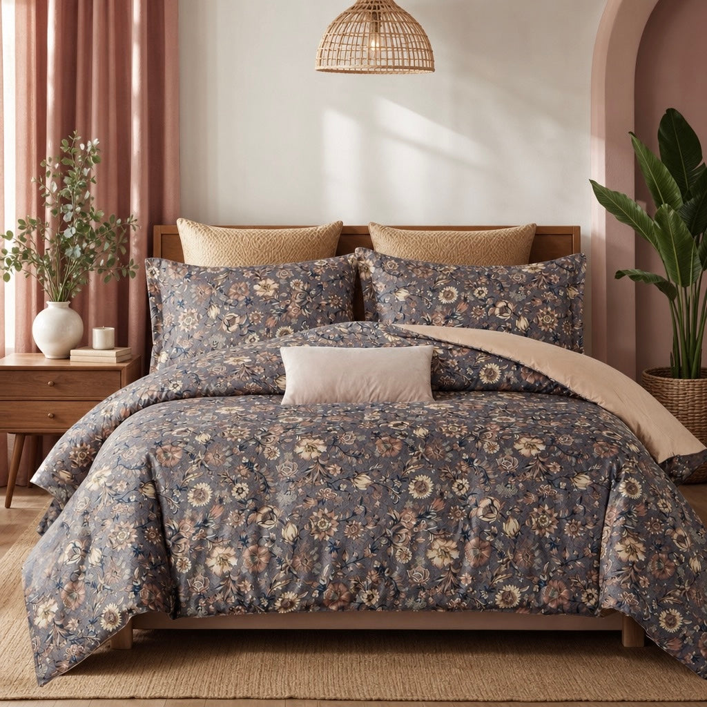 NEW Anthropologie Purple Floral Silky Queen / King Comforter Bedding & Sham Set