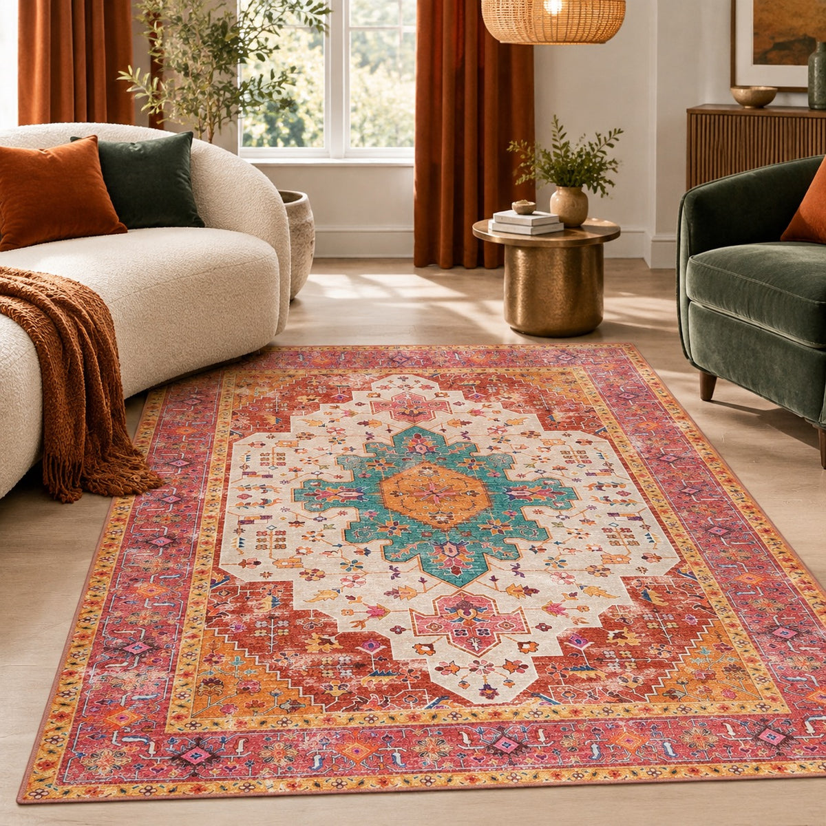 NEW Anthropologie Pink & Teal Moroccan Boho Washable Area Rug Carpet - 5' x 7'