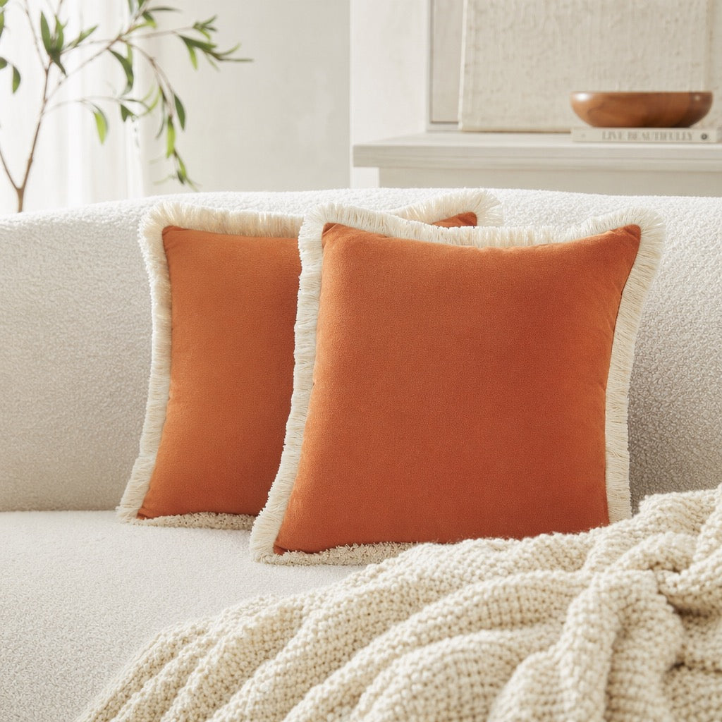 New West Elm Set 2 Orange Velvet Boho Fringe Throw Pillow Case Cover Sham 18x18