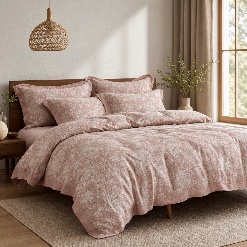 NEW Anthropologie Pink Floral Cotton Boho Queen / King Bedding Duvet & Sham Set