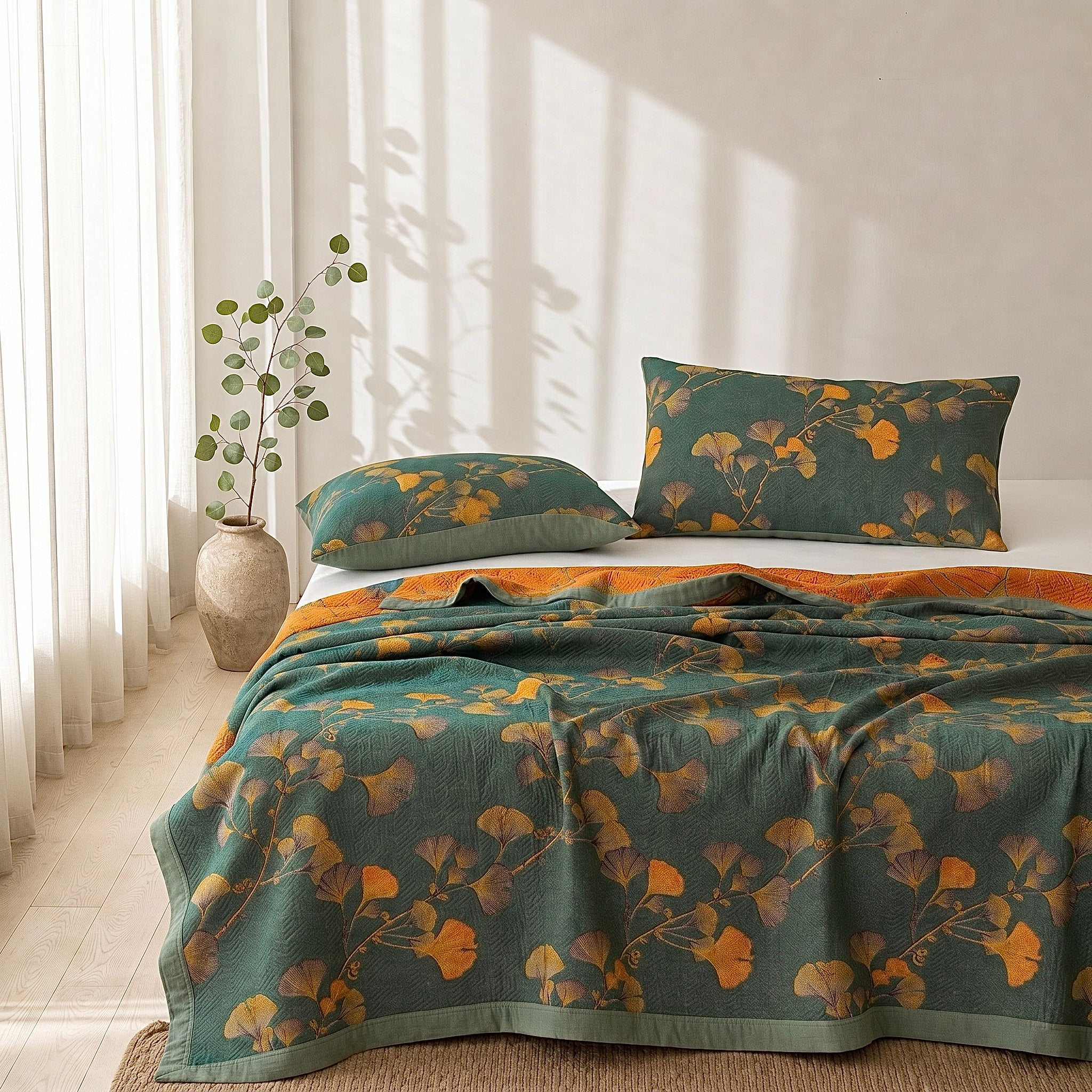 NEW Anthropologie Teal Orange Reversible Queen / King Bedspread Blanket Sham Set