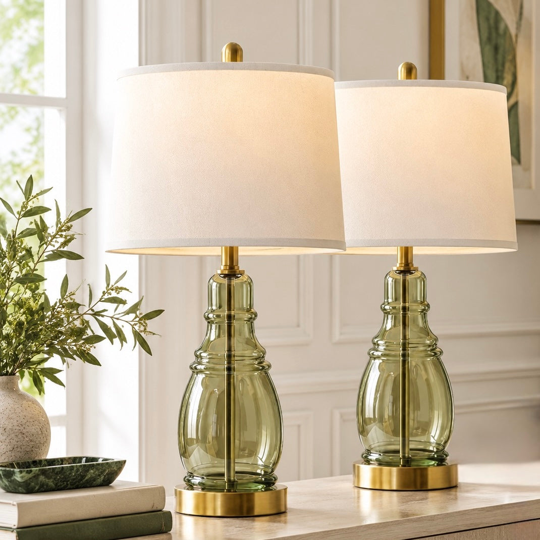 NEW Anthropologie Set of 2 Sage Green Glass Gold Boho Table Lamps Lighting - 22"