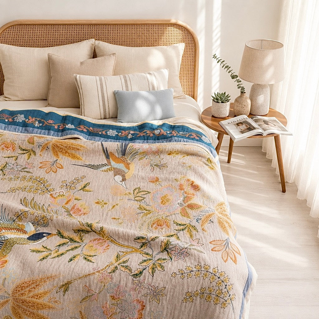NEW Anthro XL Reversible Boho Bird Multicolor Queen / King Size Bedspread Quilt
