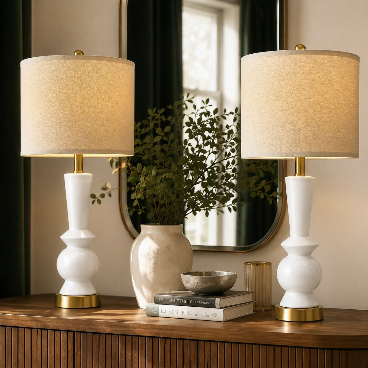 NEW Anthropologie Set of 2 White & Gold Ceramic Boho Table Lamps Lighting - 27"