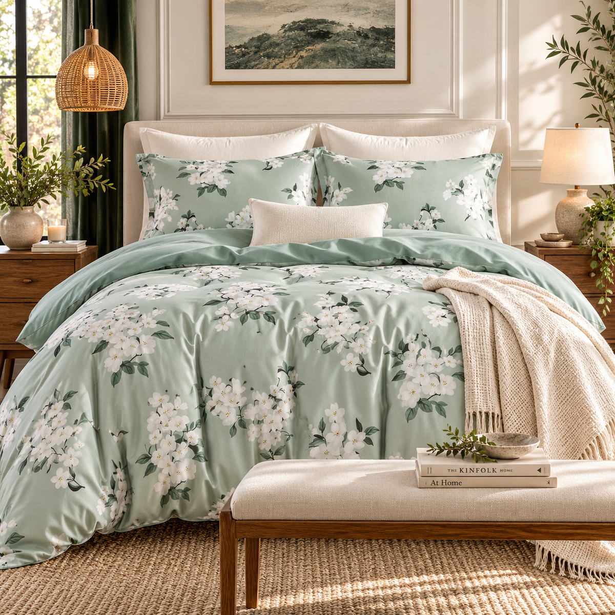 NEW West Elm Sage Green Floral Print Cotton Multi-Size Bedding Duvet & Sham Set