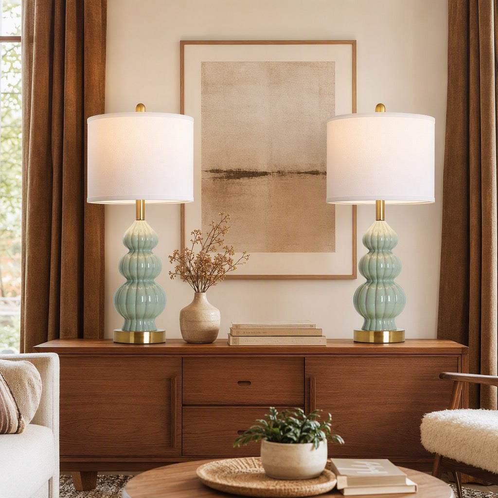 NEW Anthropologie Set / 2 Sage Green Gold Ceramic Boho Table Lamps Lighting 28"