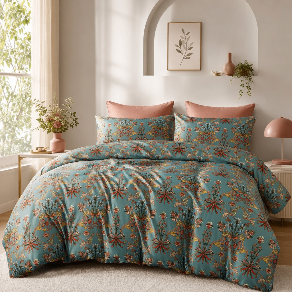 NEW Anthropologie Teal Orange Boho King Size Bedding Duvet Floral Sham Case Set