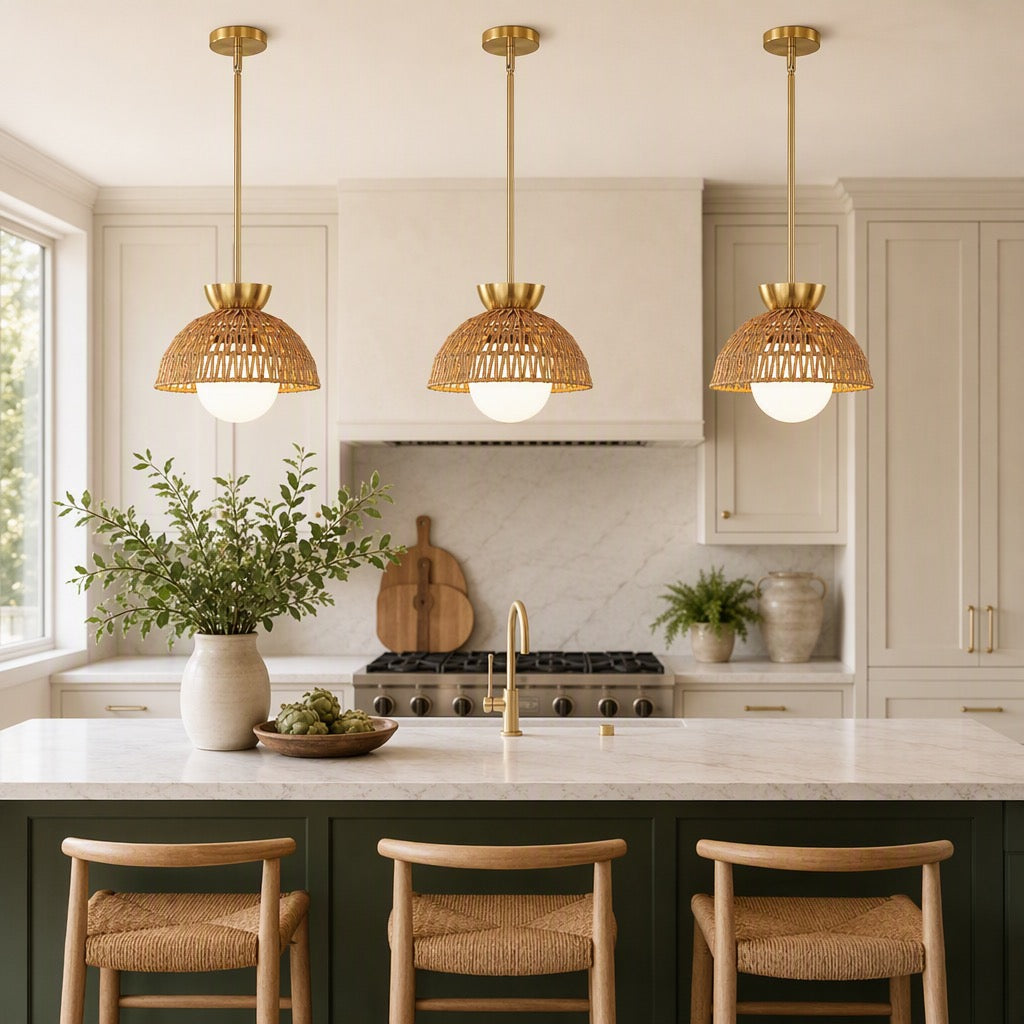 NEW West Elm Gold & Rattan Glass Globe Woven Hanging Boho Pendant Light Fixture