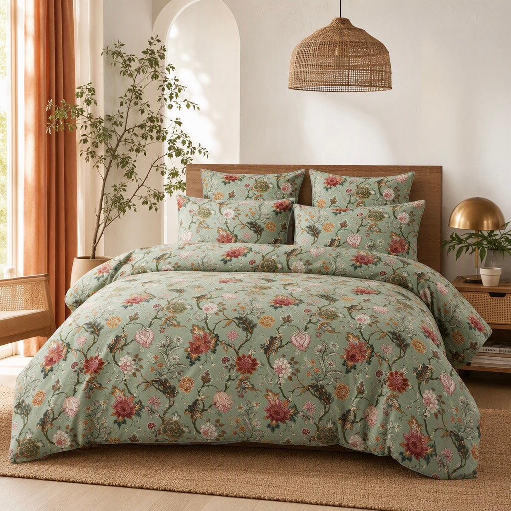 NEW Anthropologie Tiffany Green Floral Retro Antique Comforter Bedding Sham Set