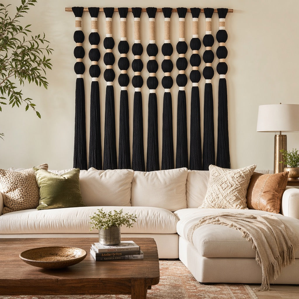NEW Anthropologie XL Boho Black Ball Tassel Tapestry Woven Wall Hanging - 33"
