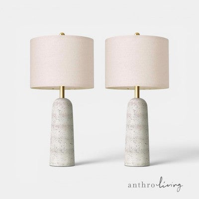 NEW Anthropologie Set of 2 White Resin Stone Boho Table Lamps Linen Lighting 27"