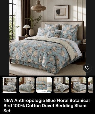 NEW Anthropologie Blue Floral Botanical Bird 100% Cotton Matching 4 PC Sheet Set