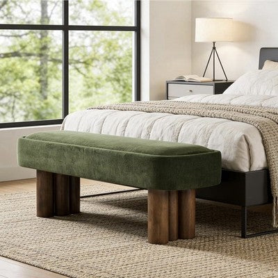NEW West Elm Green Upholstered Fabric Storage Ottoman Mid-century Modern Bench