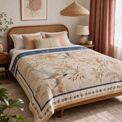 NEW Anthropologie Reversible Boho Bird Multicolor Queen / King Bedspread Blanket Quilt