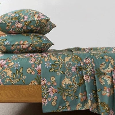 NEW Anthropologie Teal Orange 100% Cotton Matching 4 PC Sheet Set