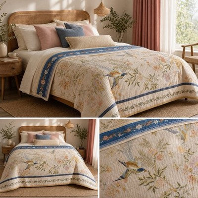 NEW Anthropologie Reversible Boho Bird Multicolor Queen / King Bedspread Blanket Quilt