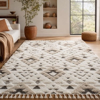 NEW Anthro XL White Beige Boho Tassel Geometric Shag Area Rug Carpet 5' x 7.5'
