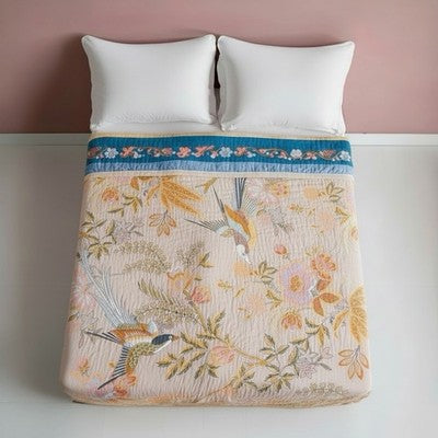 NEW Anthropologie Reversible Boho Bird Multicolor Queen / King Bedspread Blanket Quilt