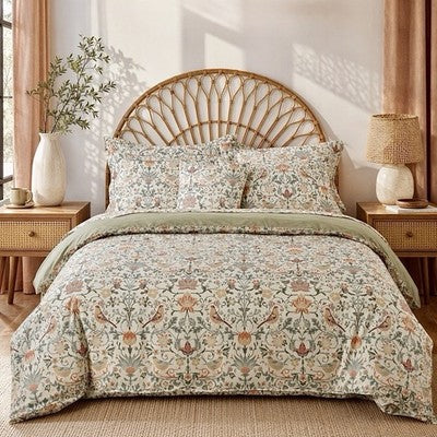 NEW Anthropologie Green & Coral Floral Bird 100% Cotton Duvet Bedding & Sham Set