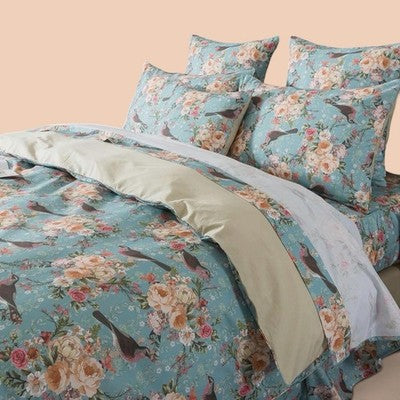 NEW Anthropologie Blue Floral Botanical Bird 100% Cotton Duvet Bedding Sham Set