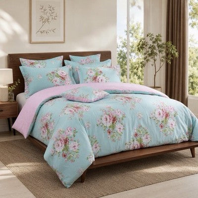 NEW Anthropologie Teal Blue Vintage Floral 100% Cotton Duvet Bedding & Sham Set
