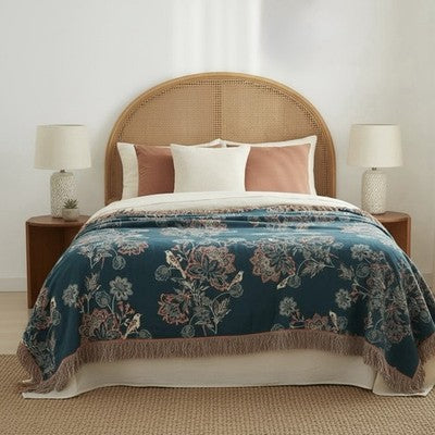 NEW Anthropologie Boho Floral Orange Teal Queen / King Blanket Bedspread
